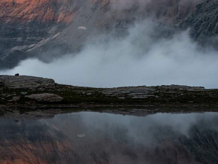 Coucher de soleil sur les Dents d'Ambin depuis le lac noir